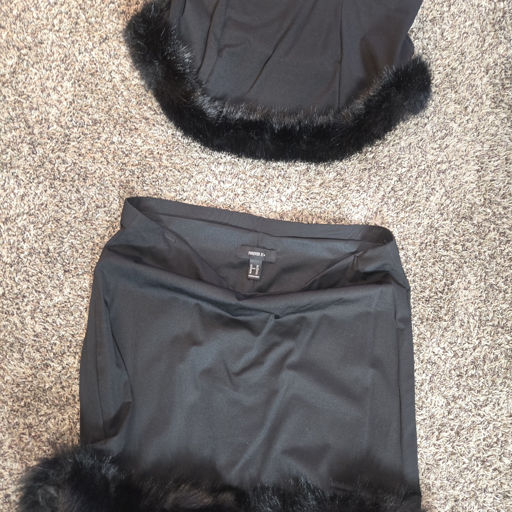 Forever 21 Black Skirt Set with Faux Fur Trim
